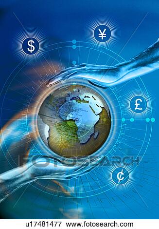 Stock Illustration - Globe in human hands superimposed on a blue background. Fotosearch