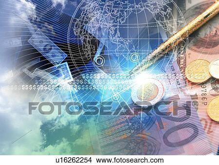 Stock Illustration - Pattern of currency notes superimposed on a background of the sky. Fotosearch