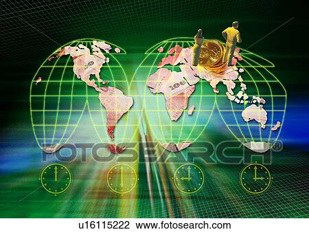 Drawing - World map superimposed on a green background. Fotosearch