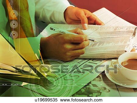 Businessman holding a newspaper superimposed on a colored background View Large Illustration Stock Illustration - Businessman holding a newspaper superimposed on a colored background. Fotosearch