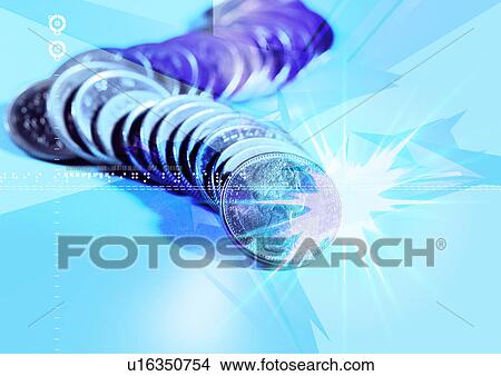 Stock Illustration - Coins superimposed on a blue background. Fotosearch