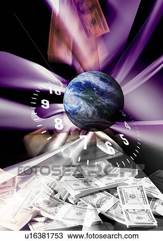 Drawing - Globe superimposed on wads of currency notes. Fotosearch