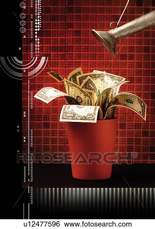 Stock Illustration - Money in a flower pot superimposed on a red pattern. Fotosearch