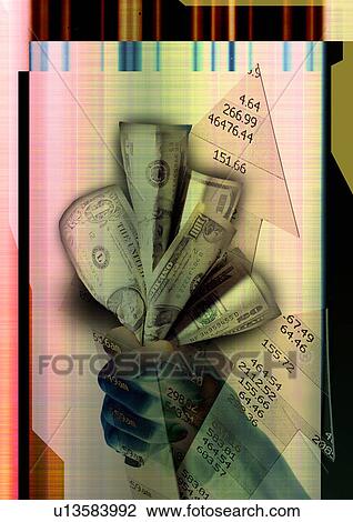 Money in a person's hand superimposed on a colored background View Large Illustration Drawing - Money in a person's hand superimposed on a colored background. Fotosearch