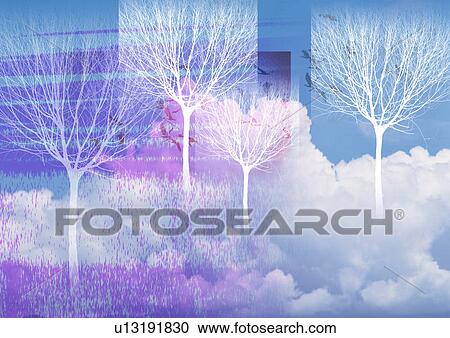 Clipart - Frost covered trees superimposed on a blue background. Fotosearch