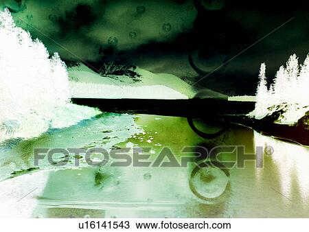 Drawing - Green hues superimposed on an image of a river. Fotosearch