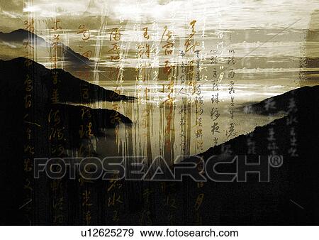 Stock Illustration - Oriental script superimposed on a mountain range. Fotosearch