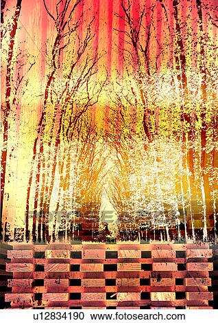 Clipart - Trees in a forest superimposed on a yellow background. Fotosearch
