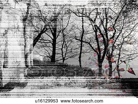 Trees In A Forest Superimposed On A Grey Background Drawing