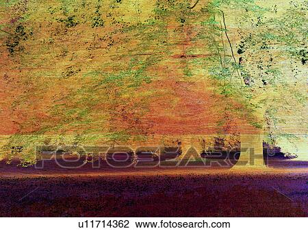 Drawing - Trees in a forest superimposed on an orange background. Fotosearch