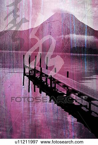 Stock Illustration - Wooden jetty superimposed on a purple background. Fotosearch