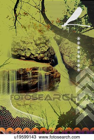Drawing - Arrows and dots superimposed on an image of the wilderness. Fotosearch