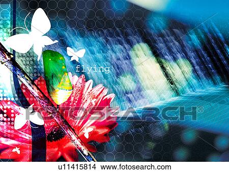 Butterflies superimposed on an image of a waterfall View Large Illustration Stock Illustration - Butterflies superimposed on an image of a waterfall. Fotosearch