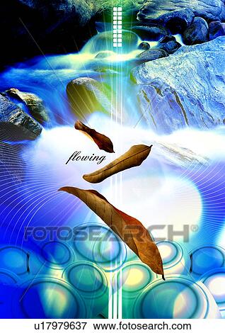 Stock Illustration - Dry leaves superimposed on an image of a waterfall. Fotosearch