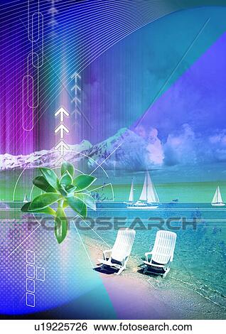Stock Illustration - Arrows and leaves superimposed on an image of the beach. Fotosearch