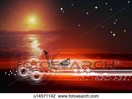 Drawing - Birds superimposed on a red background. Fotosearch