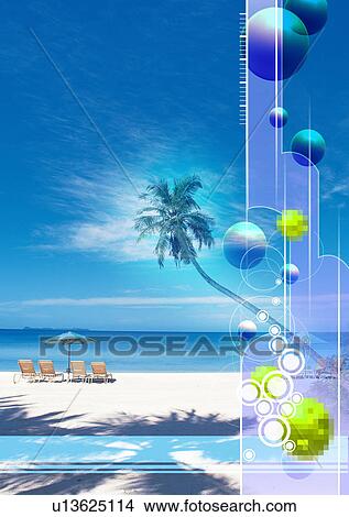 Stock Illustration - Blue spheres superimposed on an image of the sea coast. Fotosearch