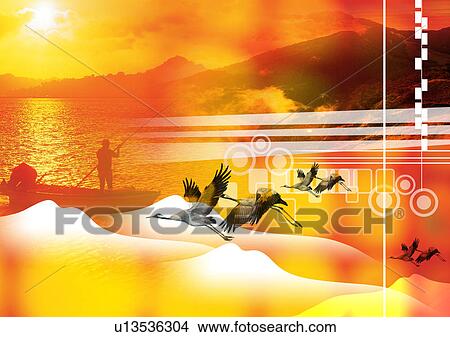 Flying birds superimposed on an image of the sea View Large Illustration Stock Illustration - Flying birds superimposed on an image of the sea. Fotosearch