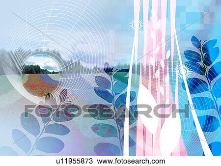 Drawing - Leaves superimposed on a grey background. Fotosearch