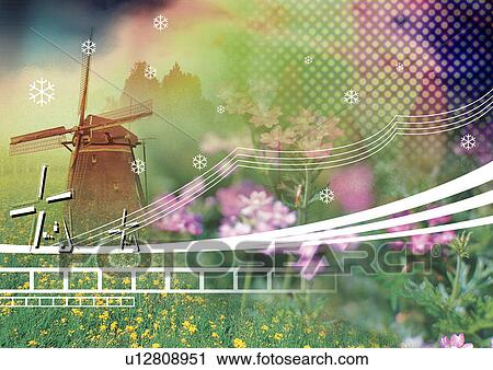 Windmill on a farm superimposed on a dotted background View Large Illustration Clip Art - Windmill on a farm superimposed on a dotted background. Fotosearch