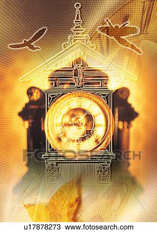 Drawing - Clock and angels superimposed on a brown background. Fotosearch