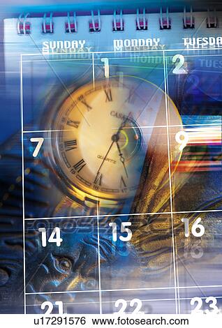 Stock Illustration - Clock face superimposed on a background of a calendar. Fotosearch