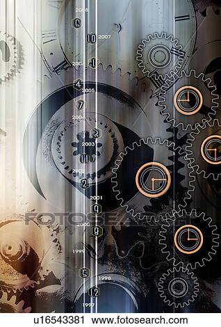 Clocks on gear wheels superimposed on a grey background View Large Illustration Clip Art - Clocks on gear wheels superimposed on a grey background. Fotosearch