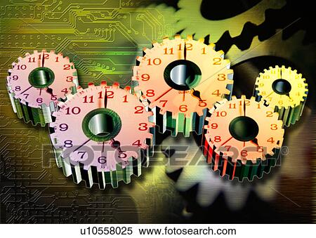 Clocks on gear wheels superimposed on a circuit board View Large Illustration Stock Illustration - Clocks on gear wheels superimposed on a circuit board. Fotosearch