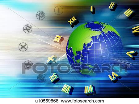 Stock Illustration - Globe on a clock face superimposed on a blue background. Fotosearch