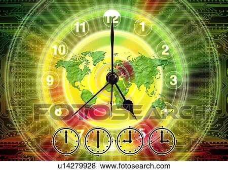 Stock Illustration - World map on a clock face superimposed on a colored background. Fotosearch