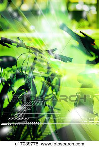 Stock Illustration - Close-up of a cycle superimposed on a green background. Fotosearch