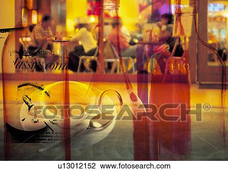 Cup of coffee superimposed on a cafe scene View Large Illustration Drawing - Cup of coffee superimposed on a cafe scene. Fotosearch