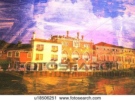 Clip Art - Facade of a palace superimposed on a brown background. Fotosearch