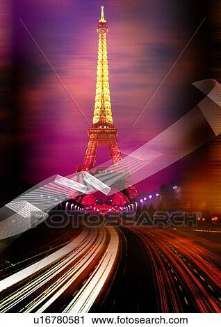 Clip Art - Lights of moving traffic superimposed on the Eiffel Tower. Fotosearch