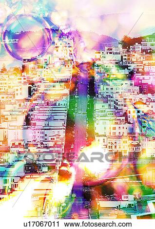 Clip Art - Rainbow colors superimposed on an aerial view of a city. Fotosearch