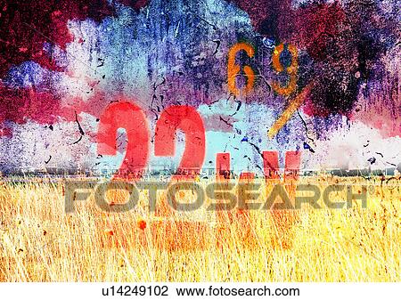 Drawing - Numbers superimposed on a field. Fotosearch