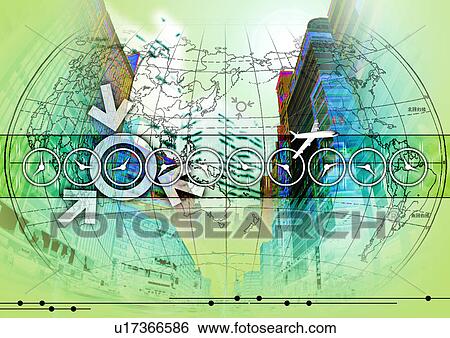 Arrows superimposed on a map of the world View Large Illustration Stock Illustration - Arrows superimposed on a map of the world. Fotosearch