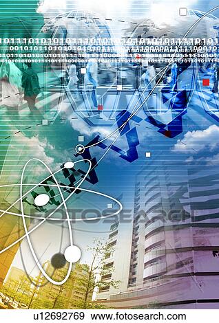 Stock Illustration - Binary code superimposed on a background of a building. Fotosearch