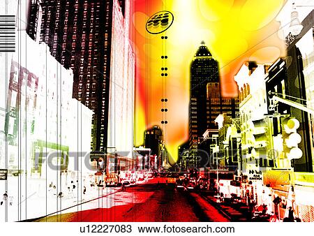 Drawing - Buildings superimposed on a yellow background. Fotosearch