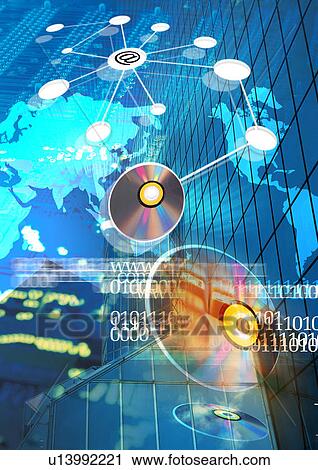 Clip Art - CD's superimposed on a map of the world. Fotosearch