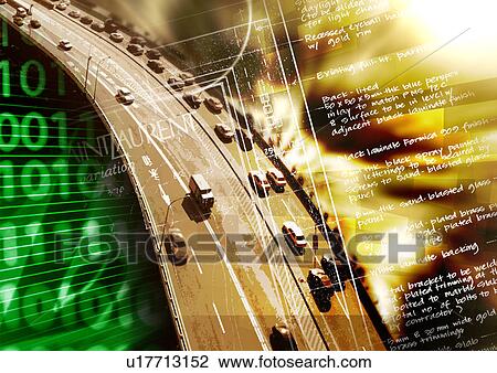 Drawing - High angle view of traffic superimposed on a brown background. Fotosearch