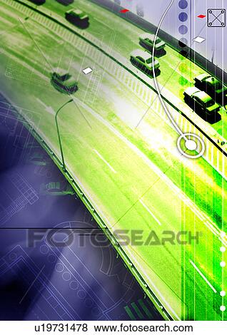 Stock Illustration - High angle view of traffic superimposed on a green background. Fotosearch
