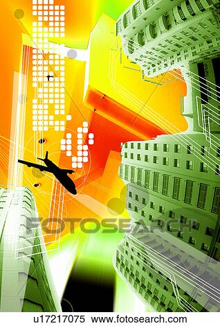 Low angle view of buildings superimposed on a yellow background View Large Illustration Stock Illustration - Low angle view of buildings superimposed on a yellow background. Fotosearch
