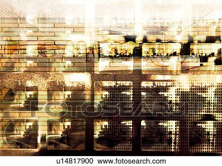 Clipart - Brick wall superimposed on a pattern of brown squares. Fotosearch