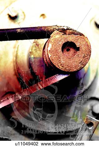 Drawing - Machine chain superimposed on a grey background. Fotosearch