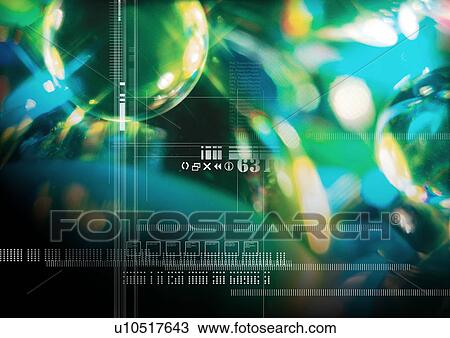 Glowing bubbles superimposed on a green background View Large Illustration Drawing - Glowing bubbles superimposed on a green background. Fotosearch