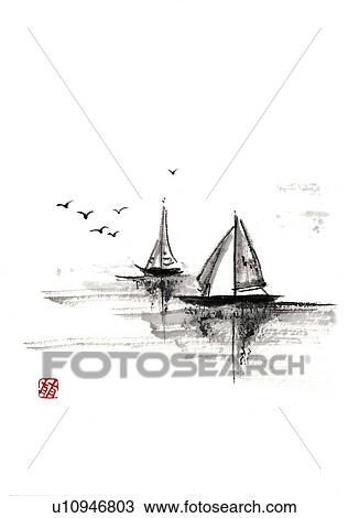 ２ ヨット 上に 海 インク ブラシ 絵 白い背景 切りなさい コピースペース スケッチ U Fotosearch