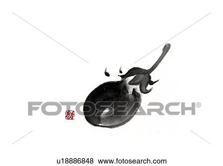 Stock Illustration - Eggplant, ink brush painting, white background, cut out, copy space. Fotosearch