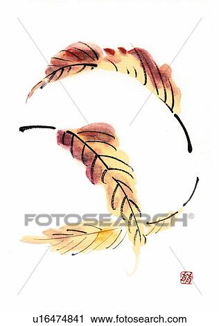 Clip Art - Fallen leaves, ink brush painting, white background, cut out. Fotosearch