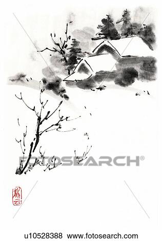 Farmhouse covered with snow, ink brush painting, white background, cut out, copy space View Large Illustration Stock Illustration - Farmhouse covered with snow, ink brush painting, white background, cut out, copy space. Fotosearch